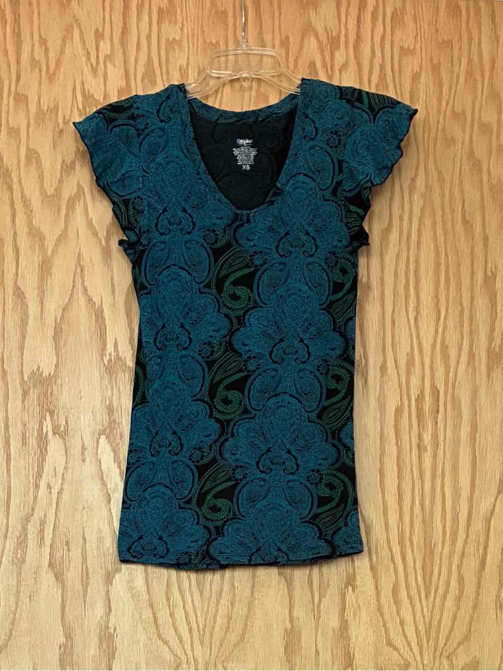 Mossimo Supply Co. Blue and Green Paisley Patterned V-Neck Top